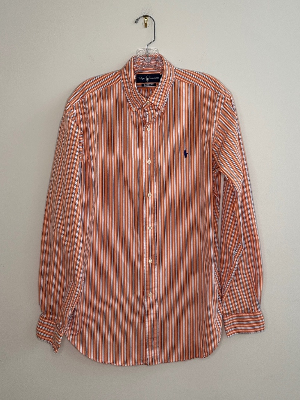 Men's Size L Ralph Lauren Orange, Blue & White Long Sleeve Cotton Button Down